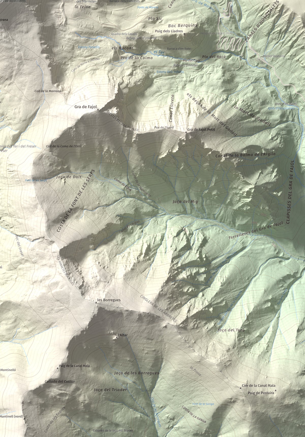Mapa de relieve de Bastiments, 2881 m, Conflent · Ripollès, lámina 100 Cims de Trobart. Detalle de la zona inferior derecha. 70 × 100 cm.