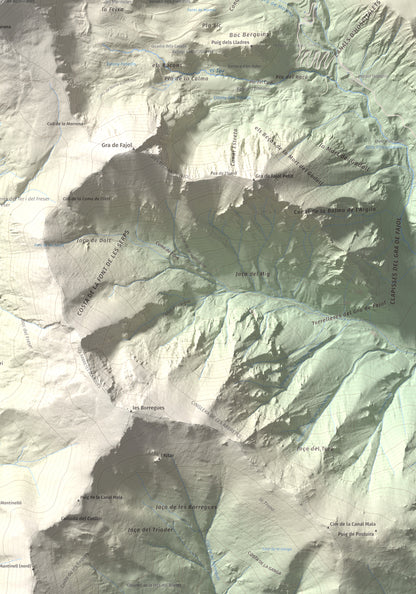 Mapa de relieve de Bastiments, 2881 m, Conflent · Ripollès, lámina 100 Cims de Trobart. Detalle de la zona inferior derecha. 70 × 100 cm.