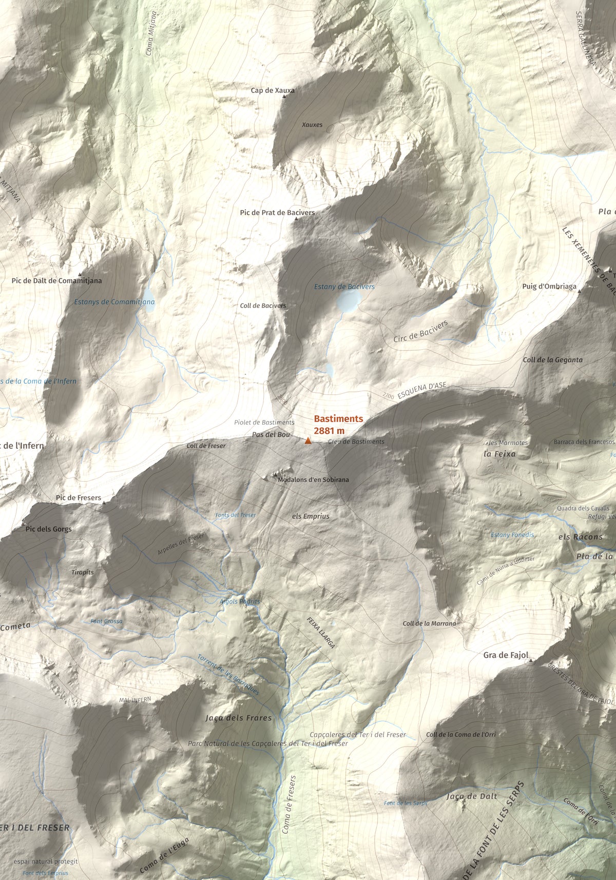 Mapa de relieve de Bastiments, 2881 m, Conflent · Ripollès, lámina 100 Cims de Trobart. Detalle de la zona central. 70 × 100 cm.