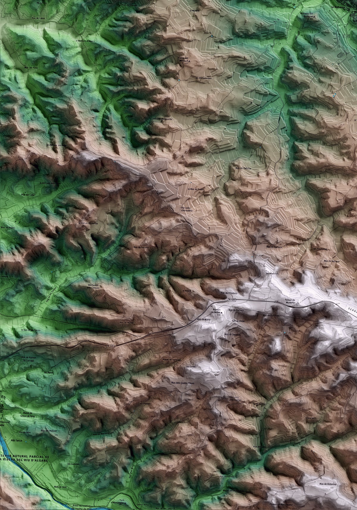 Mapa artístico del relieve de Batea, a la Terra Alta, con 15 km de entorno y base topográfica ICGC. Detalle de la zona inferior izquierda.