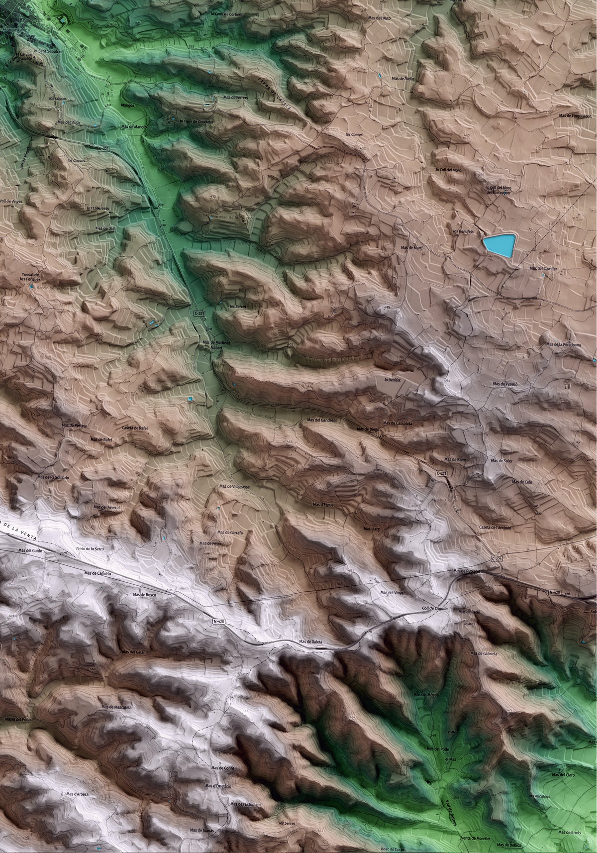 Mapa artístico del relieve de Batea, a la Terra Alta, con 15 km de entorno y base topográfica ICGC. Detalle de la zona inferior derecha.