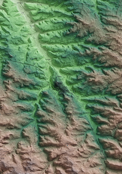 Mapa artístico del relieve de Batea, a la Terra Alta, con 15 km de entorno y base topográfica ICGC. Detalle de la zona central.