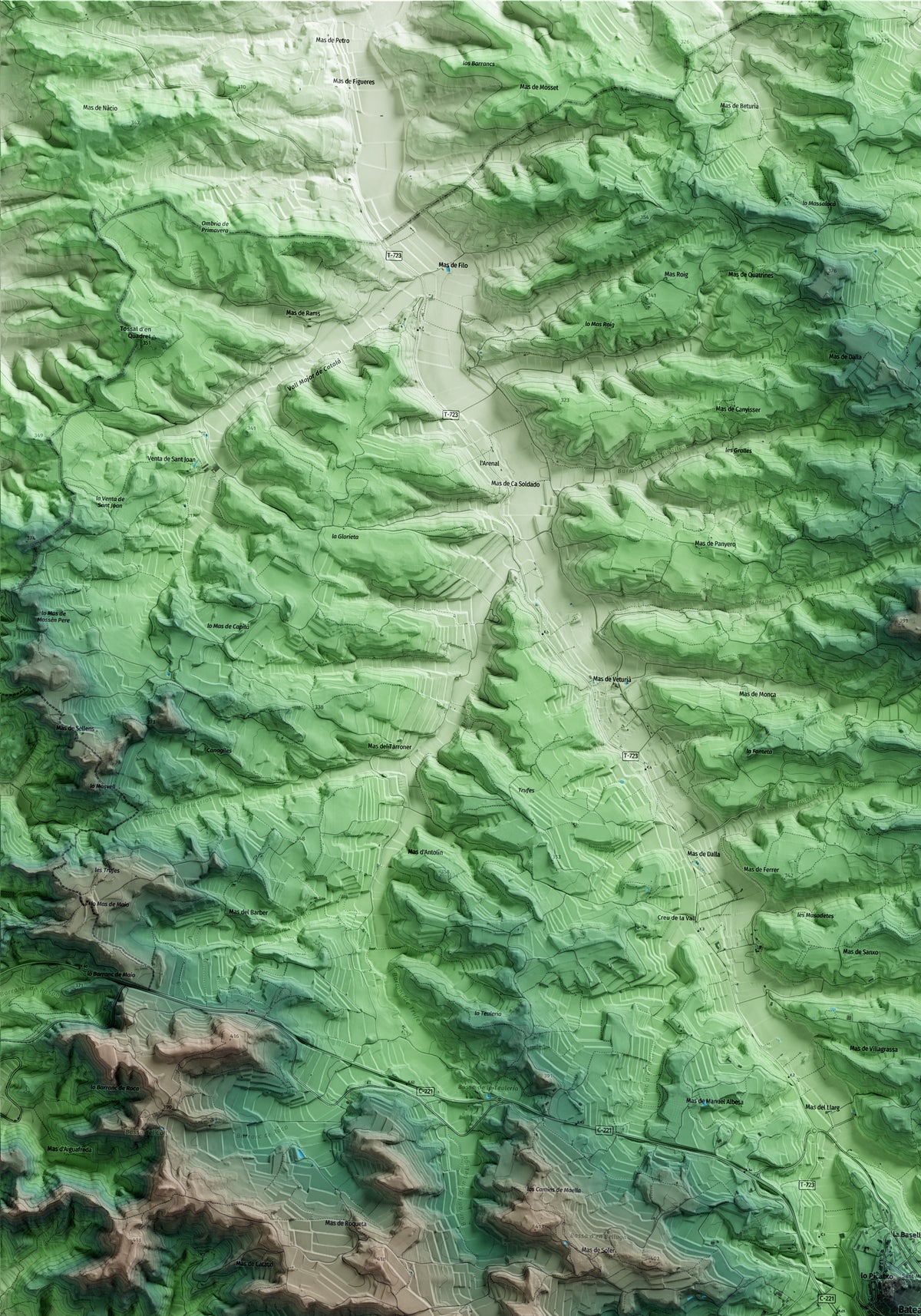Mapa artístico del relieve de Batea, a la Terra Alta, con 15 km de entorno y base topográfica ICGC. Detalle de la zona superior izquierda.