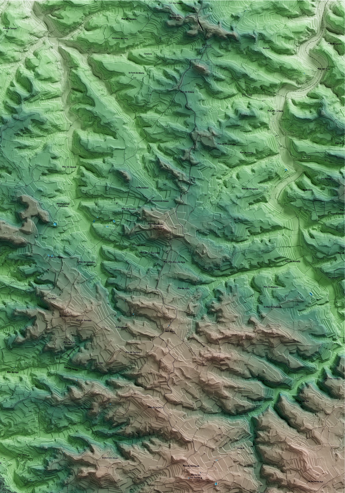 Mapa artístico del relieve de Batea, a la Terra Alta, con 15 km de entorno y base topográfica ICGC. Detalle de la zona superior derecha.