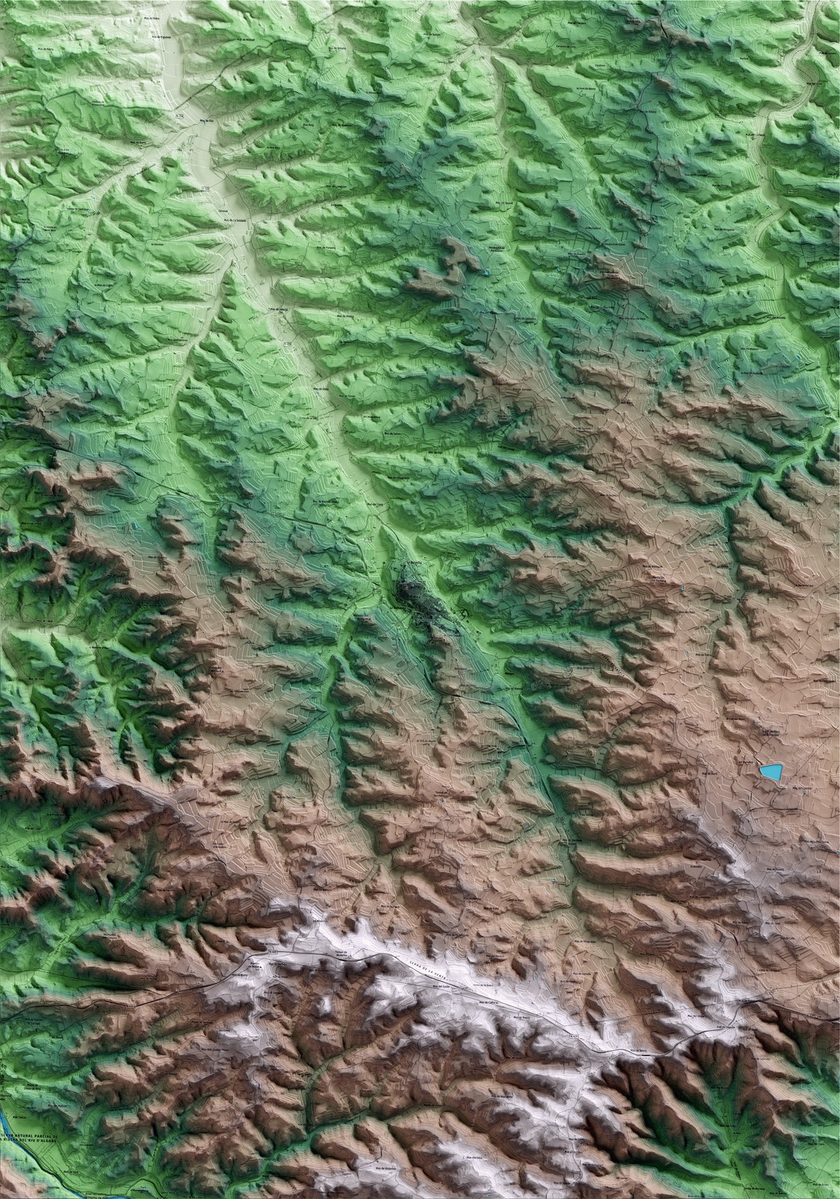 Mapa artístico del relieve de Batea, a la Terra Alta, con 15 km de entorno y base topográfica ICGC