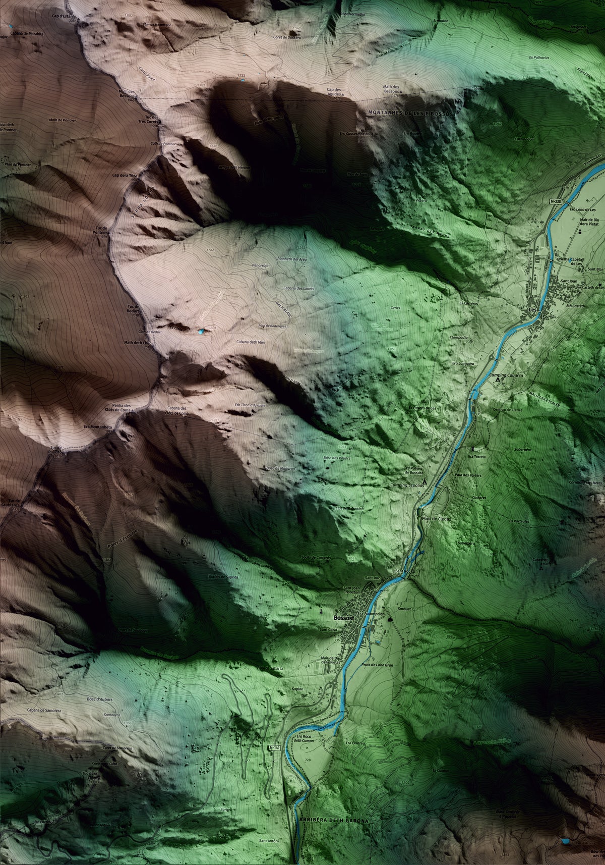 Mapa artístico del relieve de Bausen, al Aran, con 15 km de entorno y base topográfica ICGC. Detalle de la zona inferior izquierda.