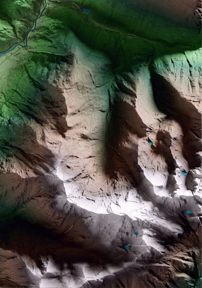 Mapa artístico del relieve de Bausen, al Aran, con 15 km de entorno y base topográfica ICGC. Detalle de la zona inferior derecha.
