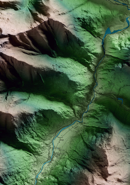 Mapa artístico del relieve de Bausen, al Aran, con 15 km de entorno y base topográfica ICGC. Detalle de la zona central.