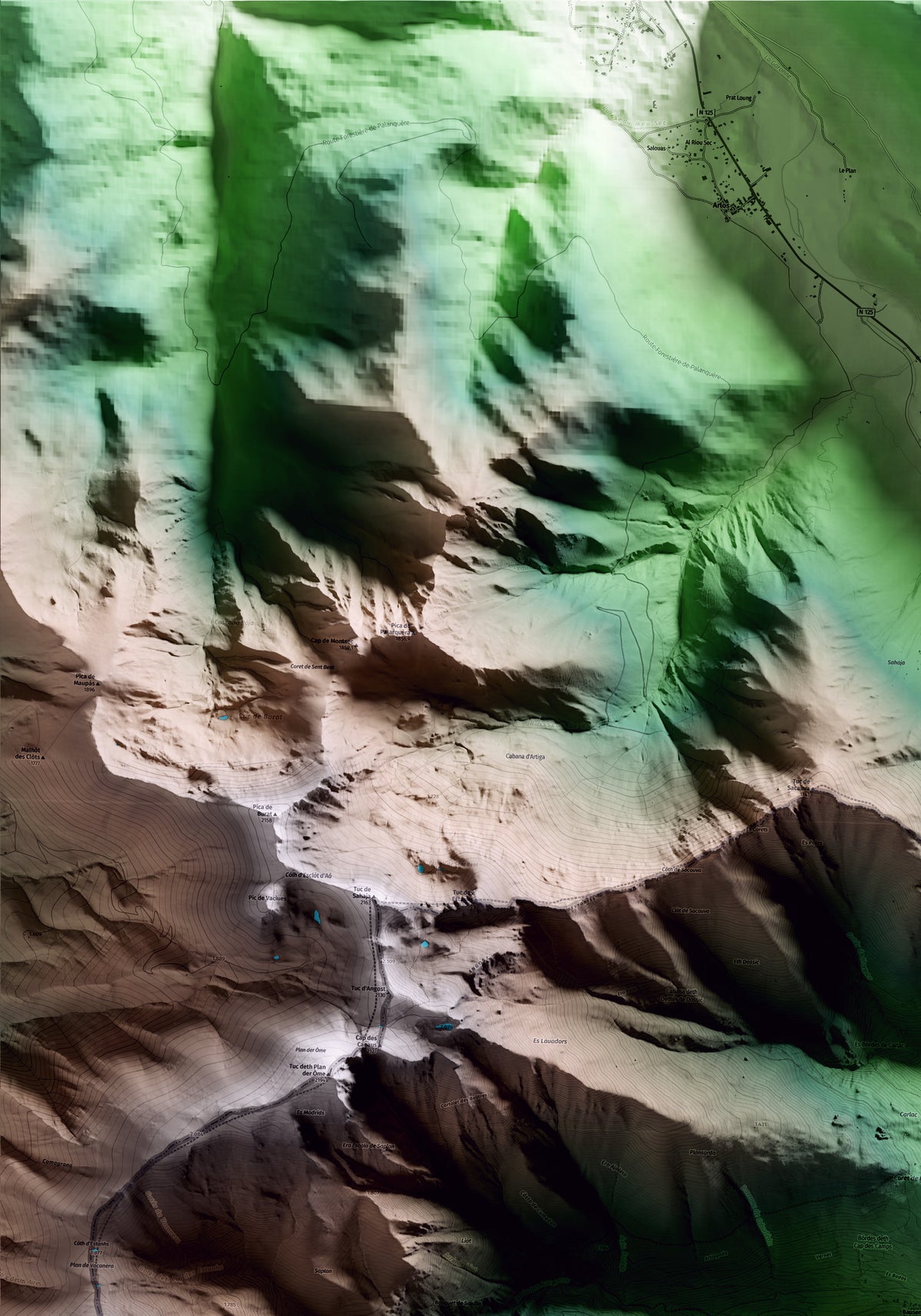 Mapa artístico del relieve de Bausen, al Aran, con 15 km de entorno y base topográfica ICGC. Detalle de la zona superior izquierda.
