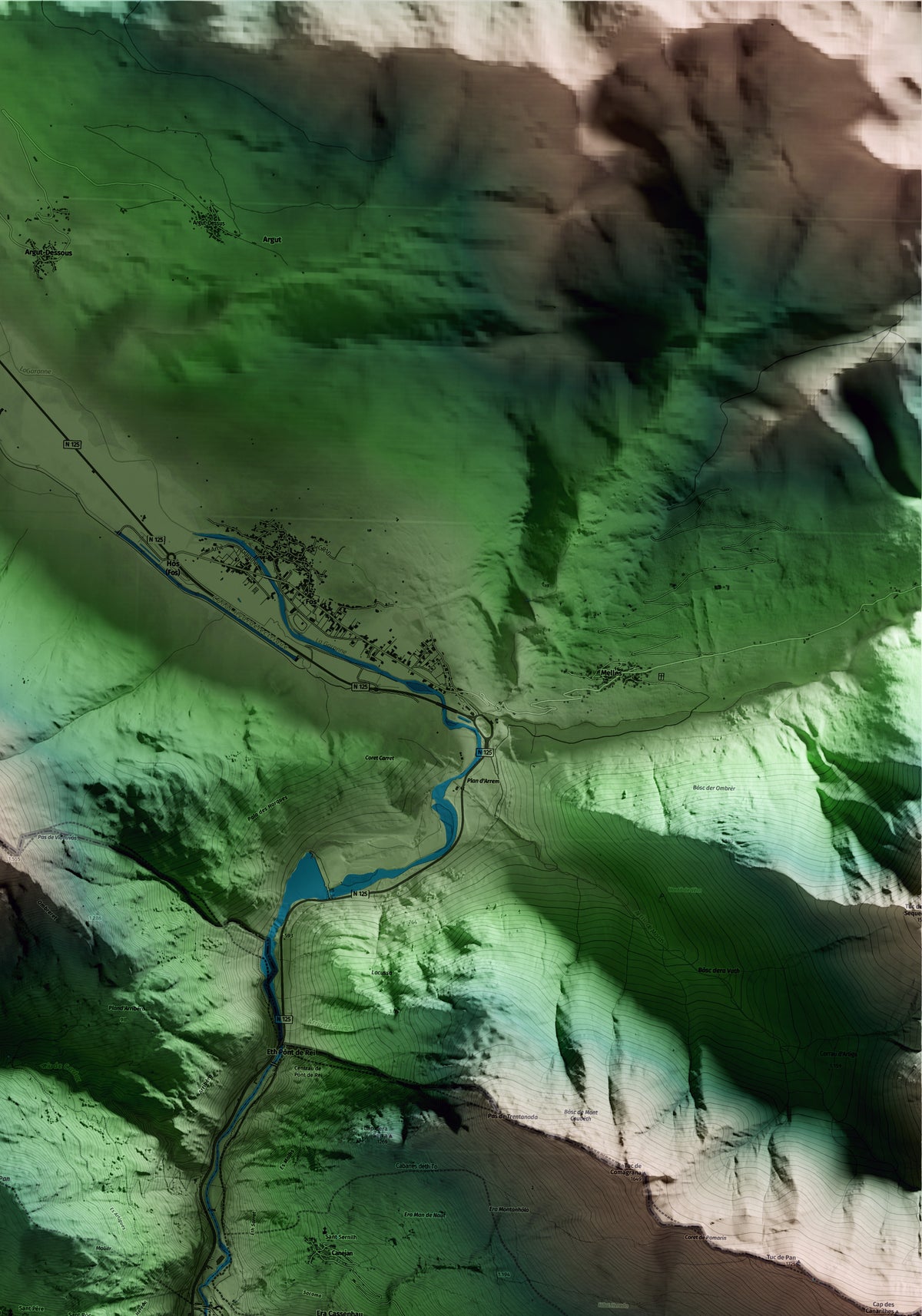 Mapa artístico del relieve de Bausen, al Aran, con 15 km de entorno y base topográfica ICGC. Detalle de la zona superior derecha.