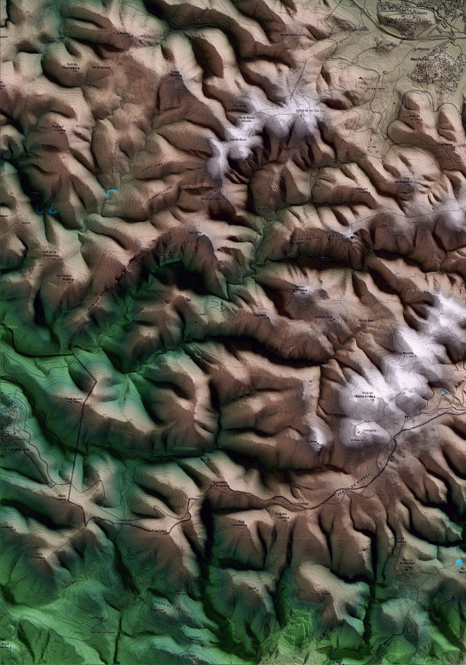 Mapa artístico del relieve de Begues, al Baix Llobregat, con 15 km de entorno y base topográfica ICGC. Detalle de la zona inferior izquierda.