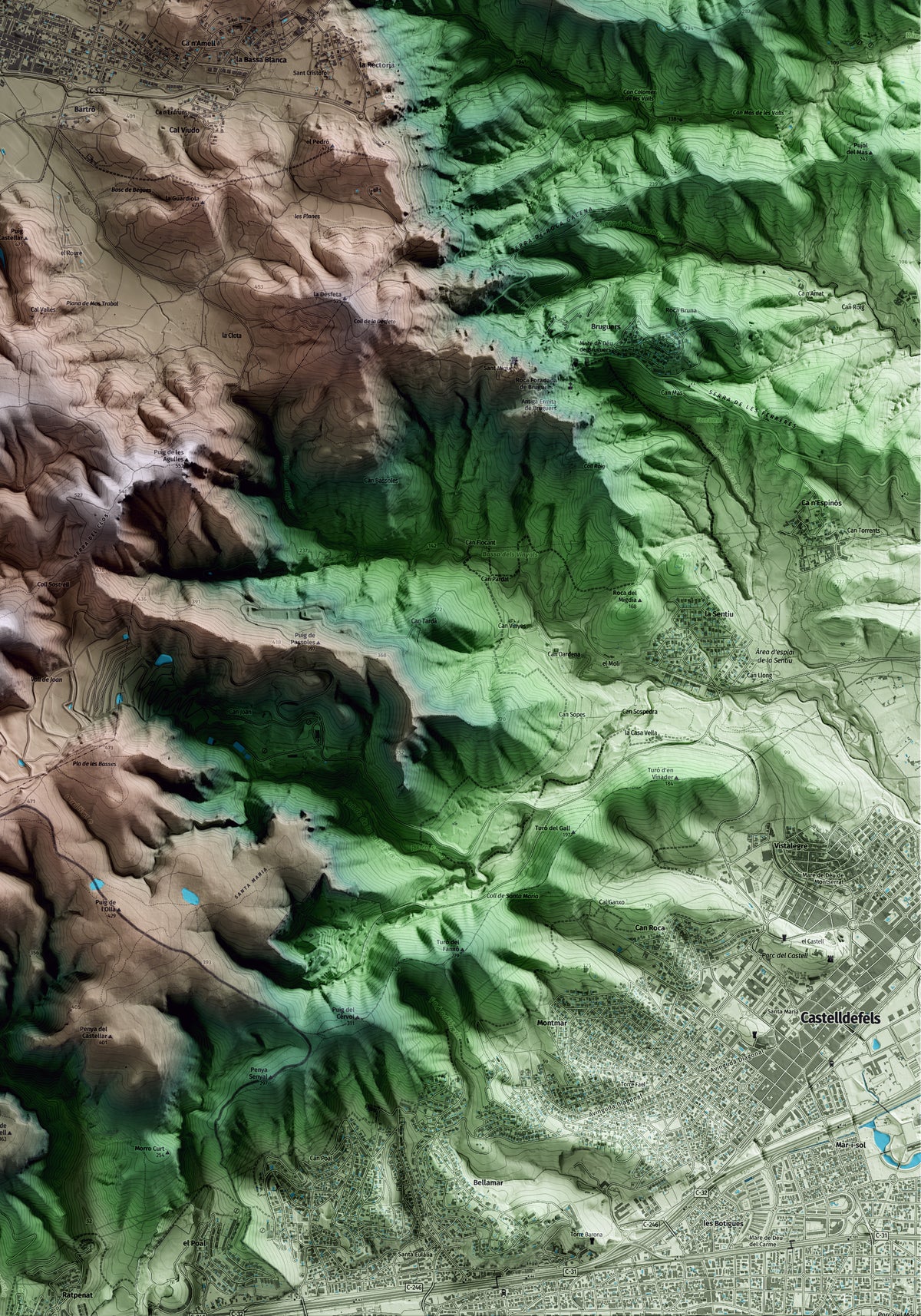 Mapa artístico del relieve de Begues, al Baix Llobregat, con 15 km de entorno y base topográfica ICGC. Detalle de la zona inferior derecha.