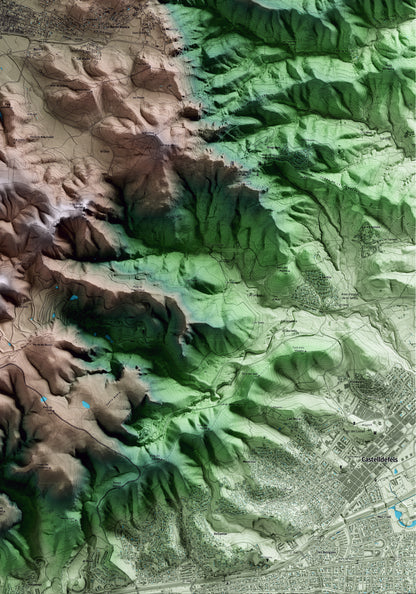 Mapa artístico del relieve de Begues, al Baix Llobregat, con 15 km de entorno y base topográfica ICGC. Detalle de la zona inferior derecha.