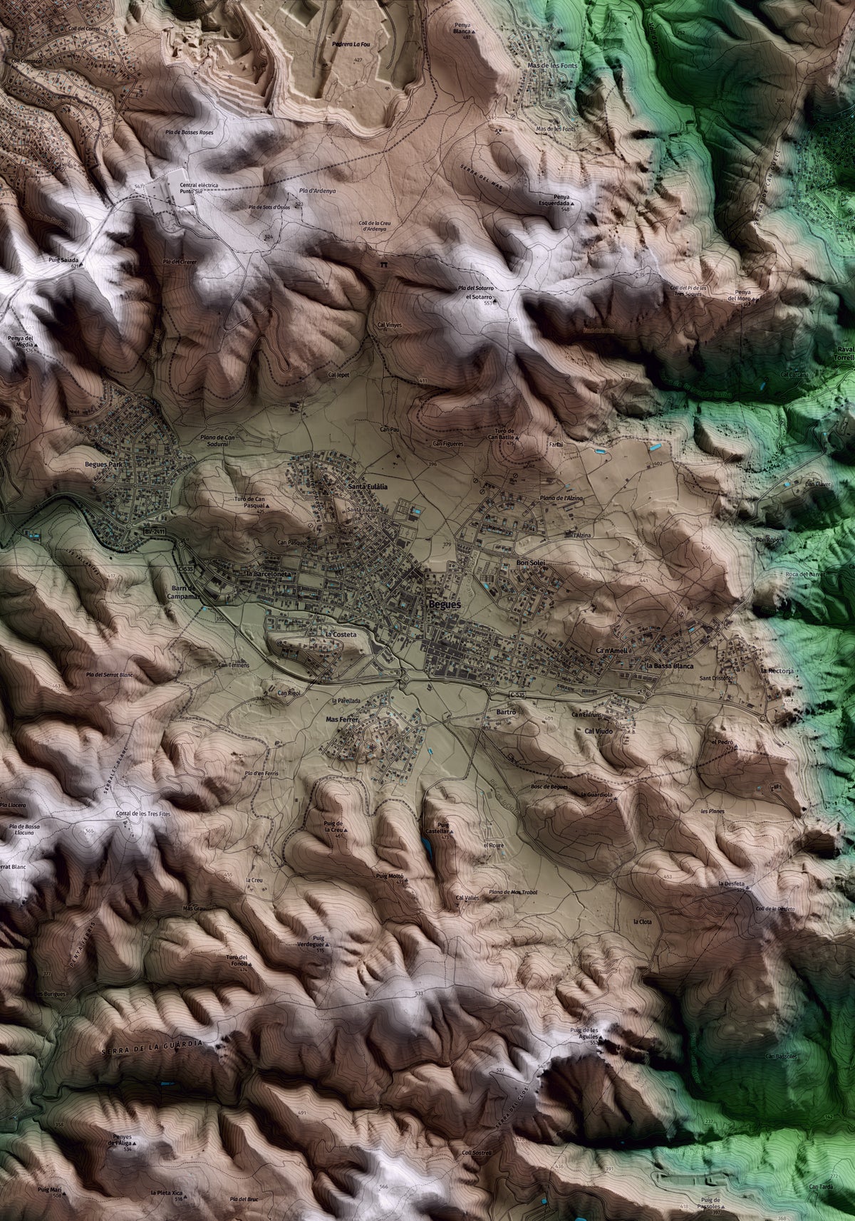 Mapa artístico del relieve de Begues, al Baix Llobregat, con 15 km de entorno y base topográfica ICGC. Detalle de la zona central.
