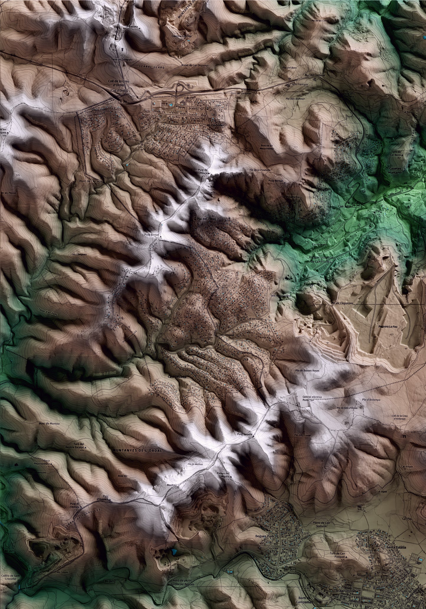 Mapa artístico del relieve de Begues, al Baix Llobregat, con 15 km de entorno y base topográfica ICGC. Detalle de la zona superior izquierda.
