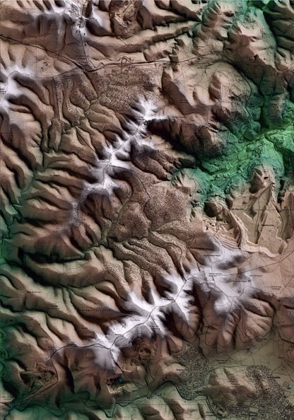 Mapa artístico del relieve de Begues, al Baix Llobregat, con 15 km de entorno y base topográfica ICGC. Detalle de la zona superior izquierda.