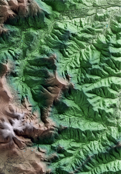 Mapa artístico del relieve de Begues, al Baix Llobregat, con 15 km de entorno y base topográfica ICGC. Detalle de la zona superior derecha.