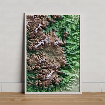 Mapa artístico del relieve de Begues, al Baix Llobregat, con 15 km de entorno y base topográfica ICGC. Presentación enmarcada.