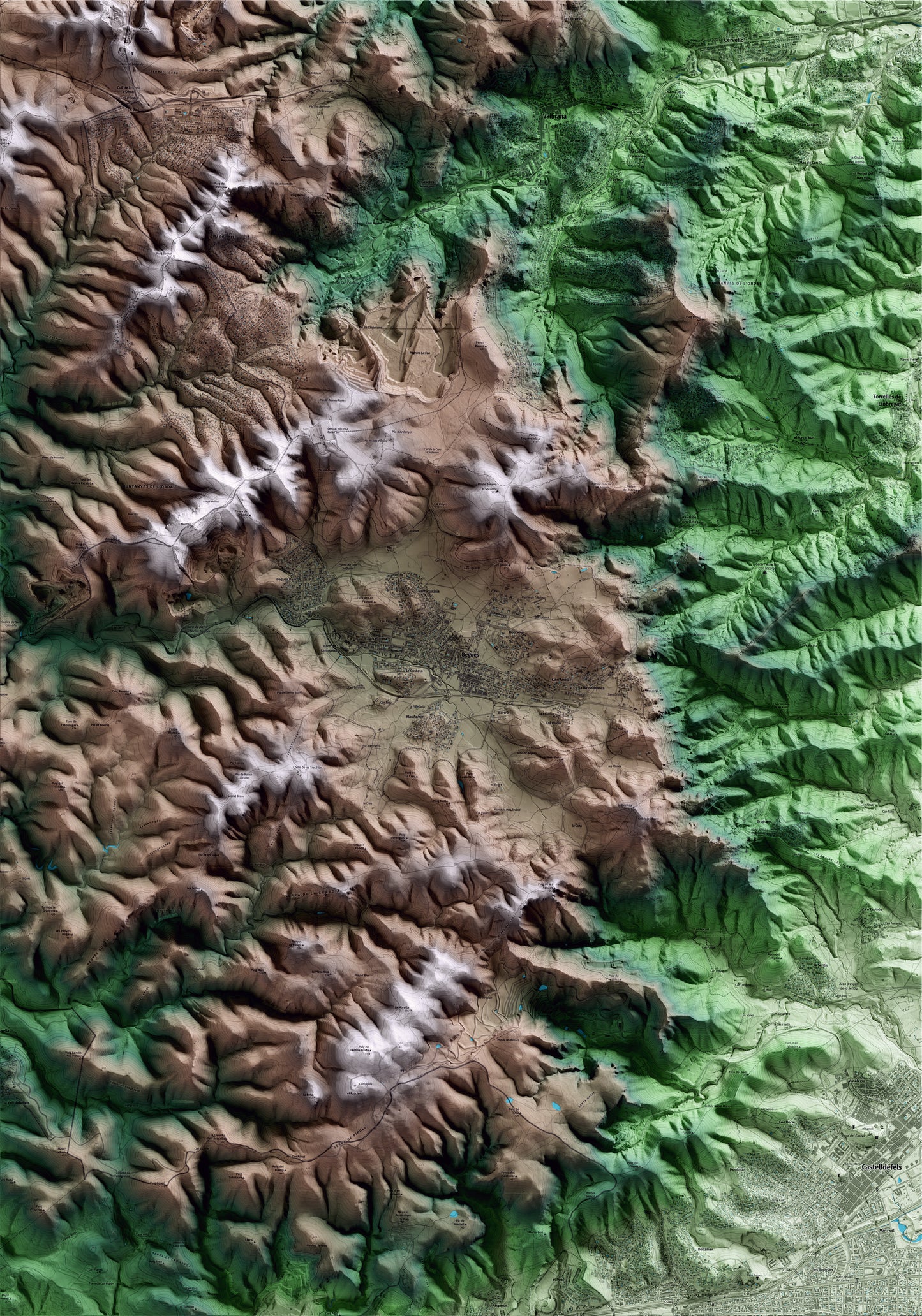 Mapa artístico del relieve de Begues, al Baix Llobregat, con 15 km de entorno y base topográfica ICGC