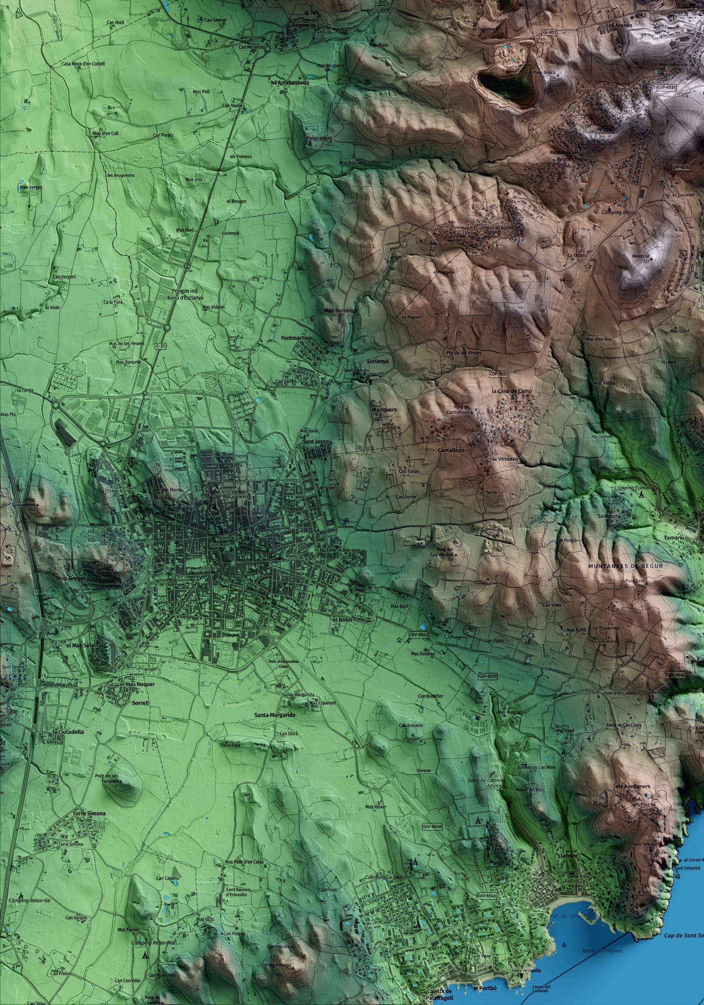 Mapa artístico del relieve de Begur, al Baix Empordà, con 15 km de entorno y base topográfica ICGC. Detalle de la zona inferior izquierda.