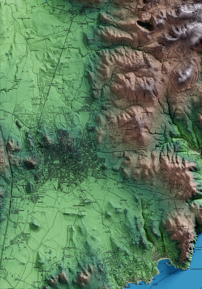 Mapa artístico del relieve de Begur, al Baix Empordà, con 15 km de entorno y base topográfica ICGC. Detalle de la zona inferior izquierda.