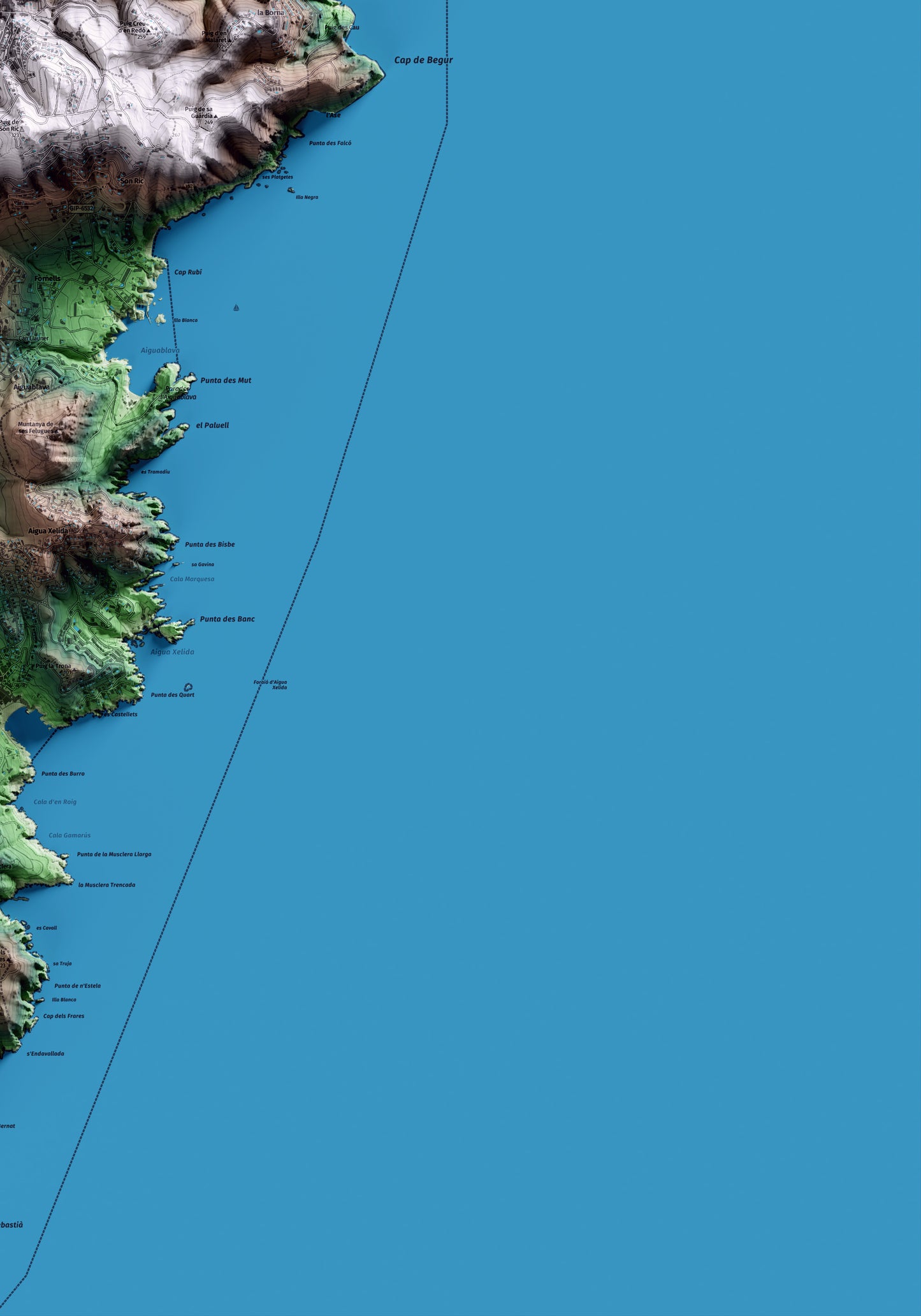 Mapa artístico del relieve de Begur, al Baix Empordà, con 15 km de entorno y base topográfica ICGC. Detalle de la zona inferior derecha.