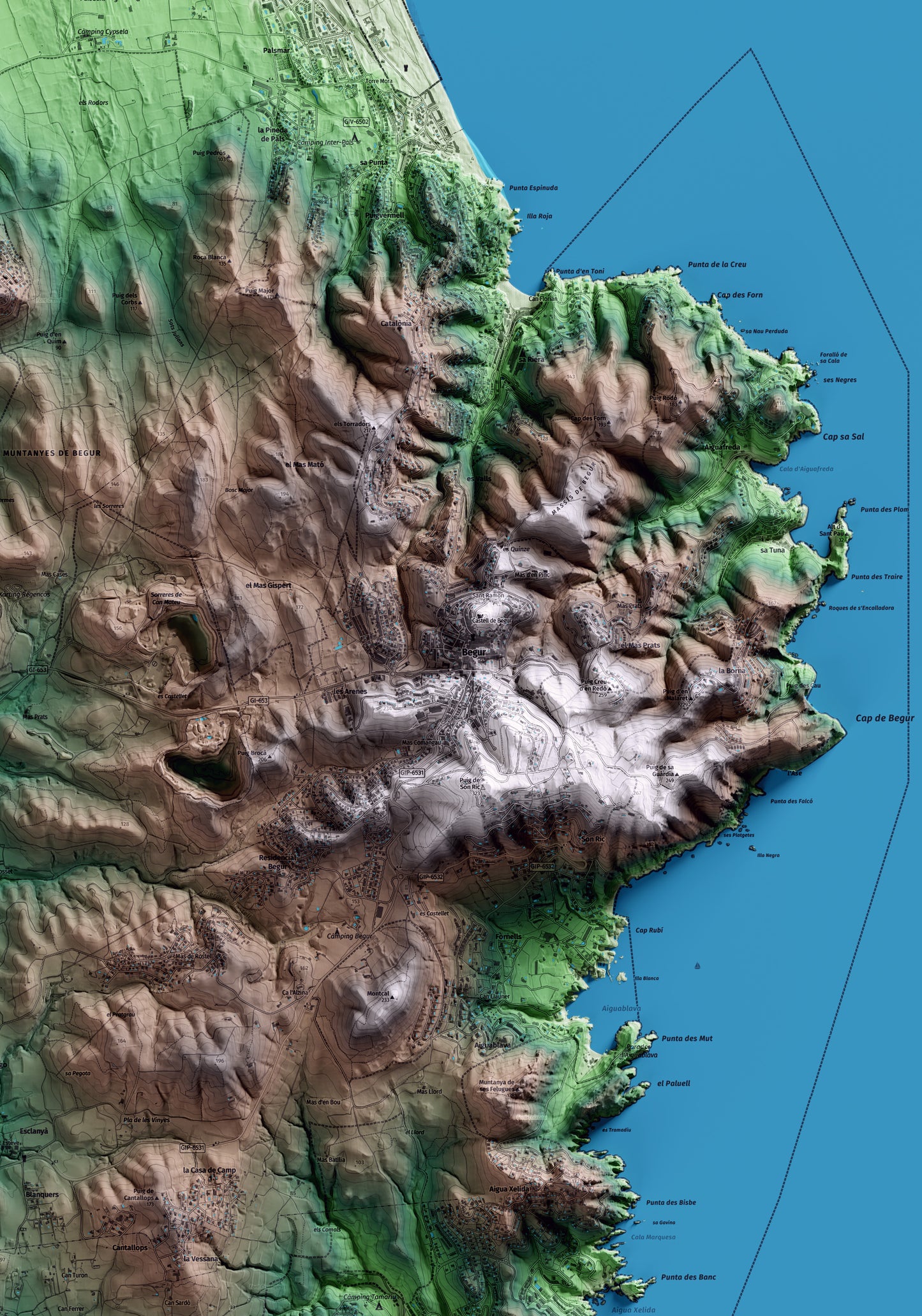 Mapa artístico del relieve de Begur, al Baix Empordà, con 15 km de entorno y base topográfica ICGC. Detalle de la zona central.