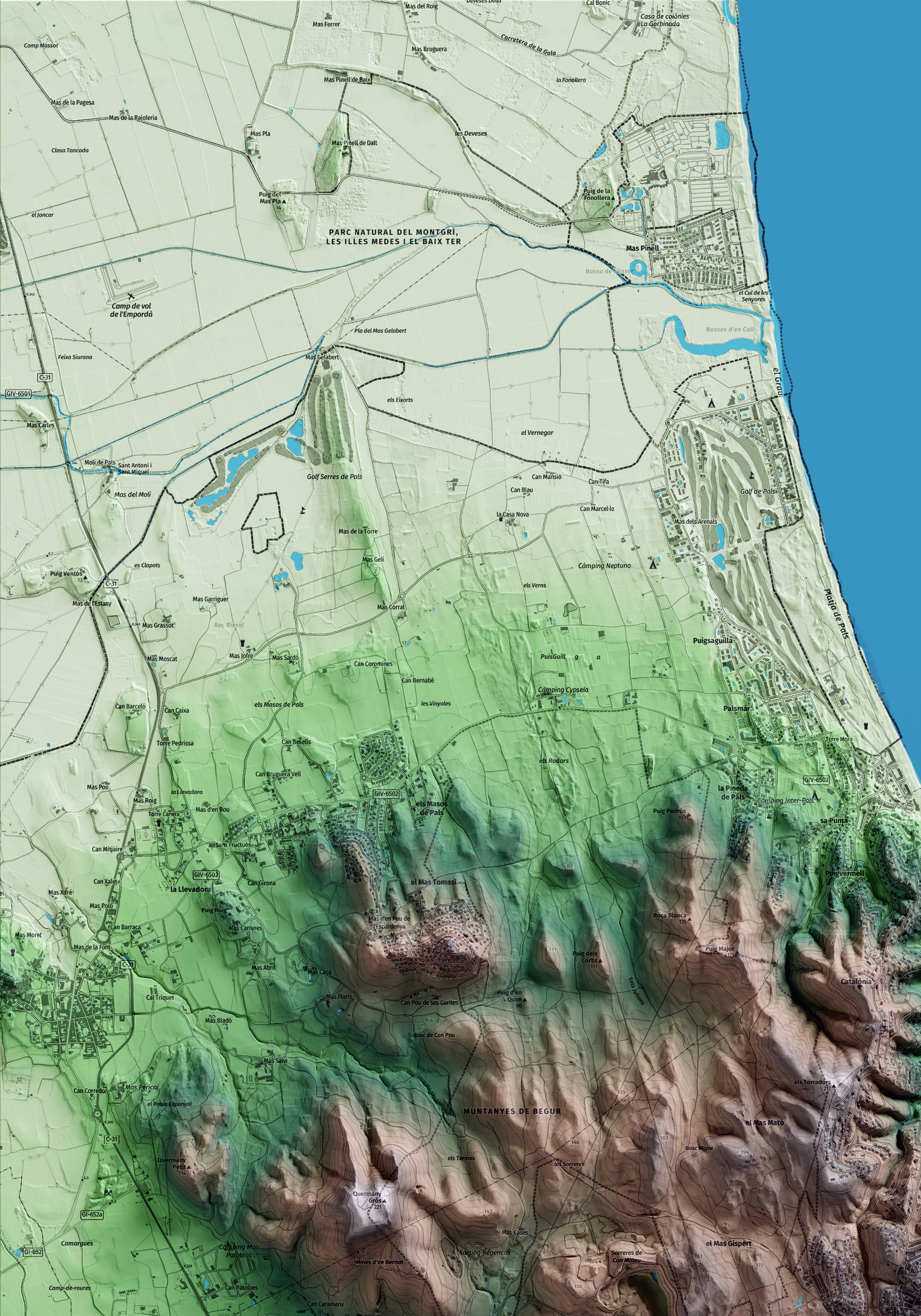 Mapa artístico del relieve de Begur, al Baix Empordà, con 15 km de entorno y base topográfica ICGC. Detalle de la zona superior izquierda.