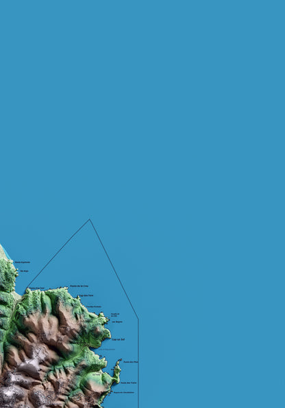 Mapa artístico del relieve de Begur, al Baix Empordà, con 15 km de entorno y base topográfica ICGC. Detalle de la zona superior derecha.