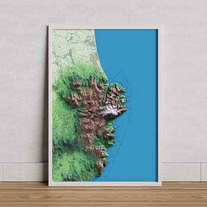 Mapa artístico del relieve de Begur, al Baix Empordà, con 15 km de entorno y base topográfica ICGC. Presentación enmarcada.