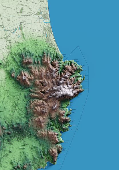 Mapa artístico del relieve de Begur, al Baix Empordà, con 15 km de entorno y base topográfica ICGC