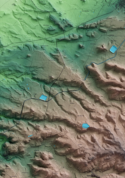 Mapa artístico del relieve de Belianes, al Urgell, con 15 km de entorno y base topográfica ICGC. Detalle de la zona inferior izquierda.