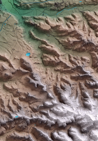 Mapa artístico del relieve de Belianes, al Urgell, con 15 km de entorno y base topográfica ICGC. Detalle de la zona inferior derecha.