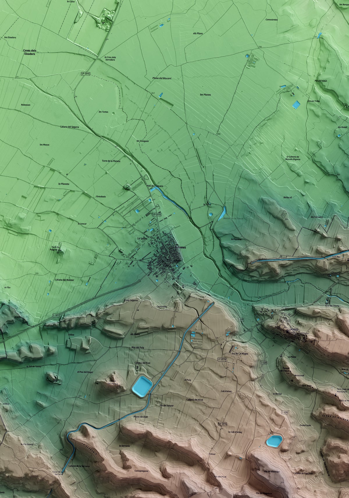 Mapa artístico del relieve de Belianes, al Urgell, con 15 km de entorno y base topográfica ICGC. Detalle de la zona central.