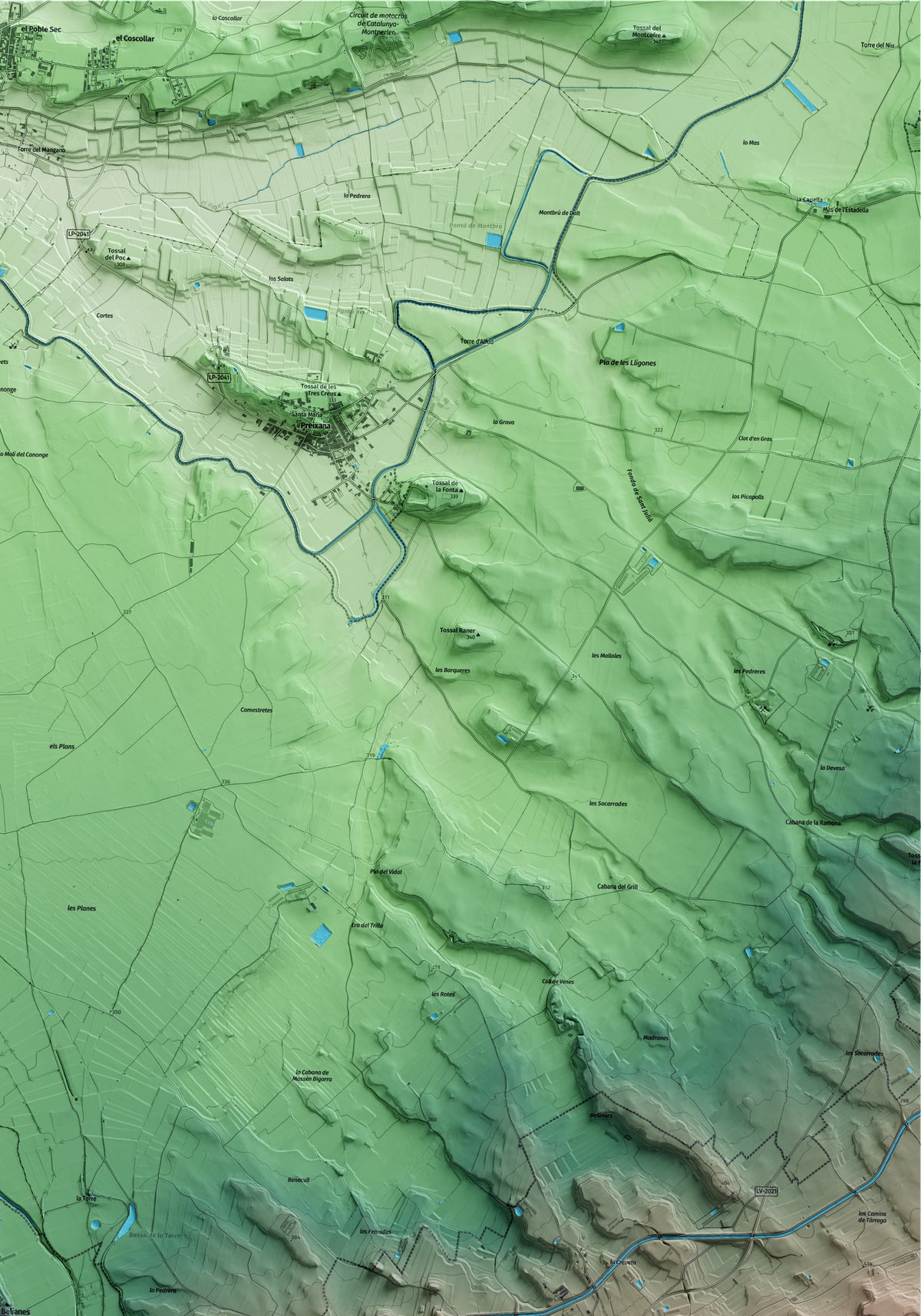 Mapa artístico del relieve de Belianes, al Urgell, con 15 km de entorno y base topográfica ICGC. Detalle de la zona superior derecha.