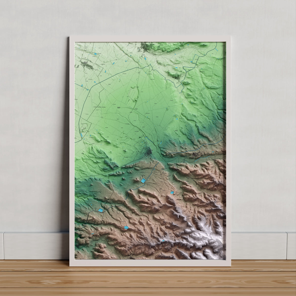 Mapa artístico del relieve de Belianes, al Urgell, con 15 km de entorno y base topográfica ICGC. Presentación enmarcada.