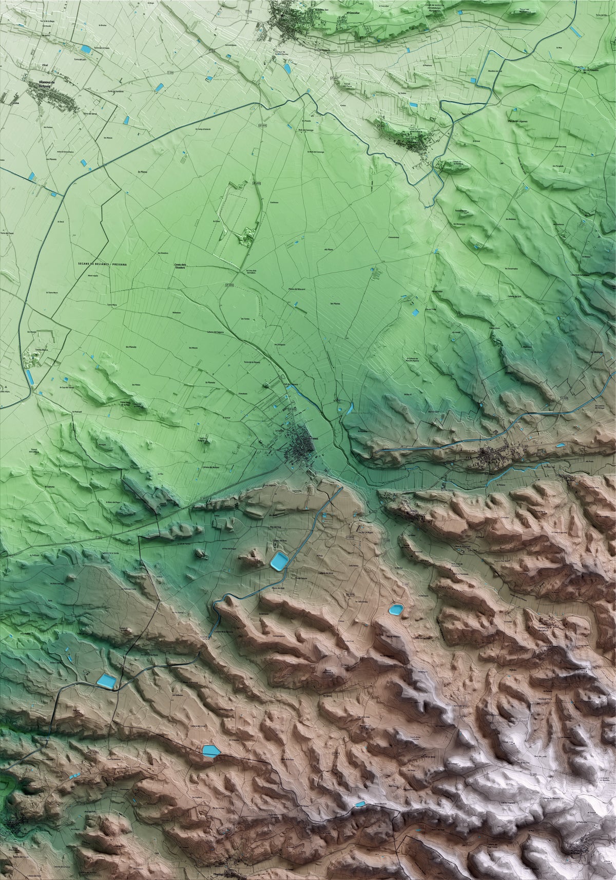 Mapa artístico del relieve de Belianes, al Urgell, con 15 km de entorno y base topográfica ICGC