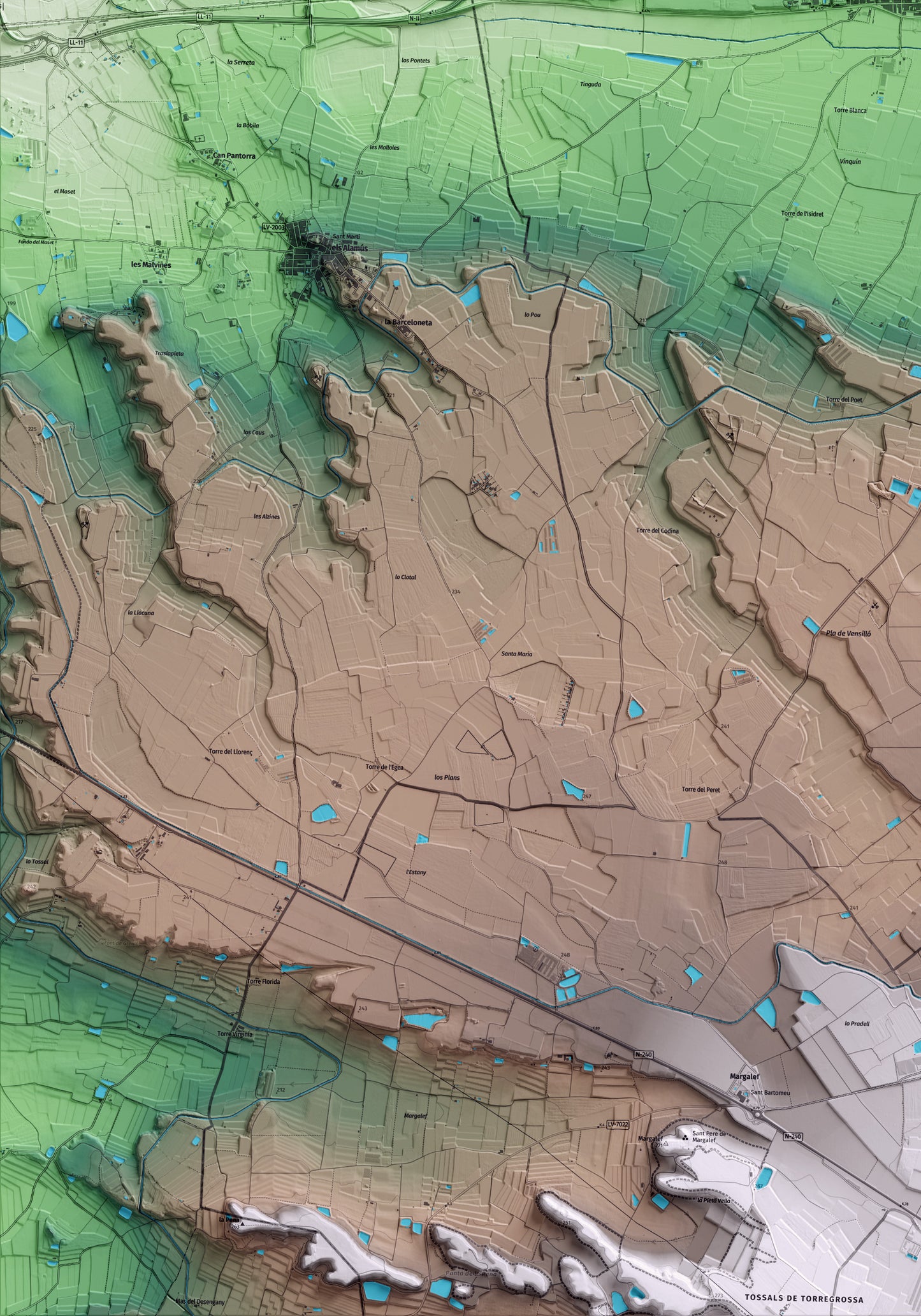 Mapa artístico del relieve de Bell-lloc d'Urgell, en el Pla d'Urgell, con 15 km de entorno y base topográfica ICGC. Detalle de la zona inferior izquierda.