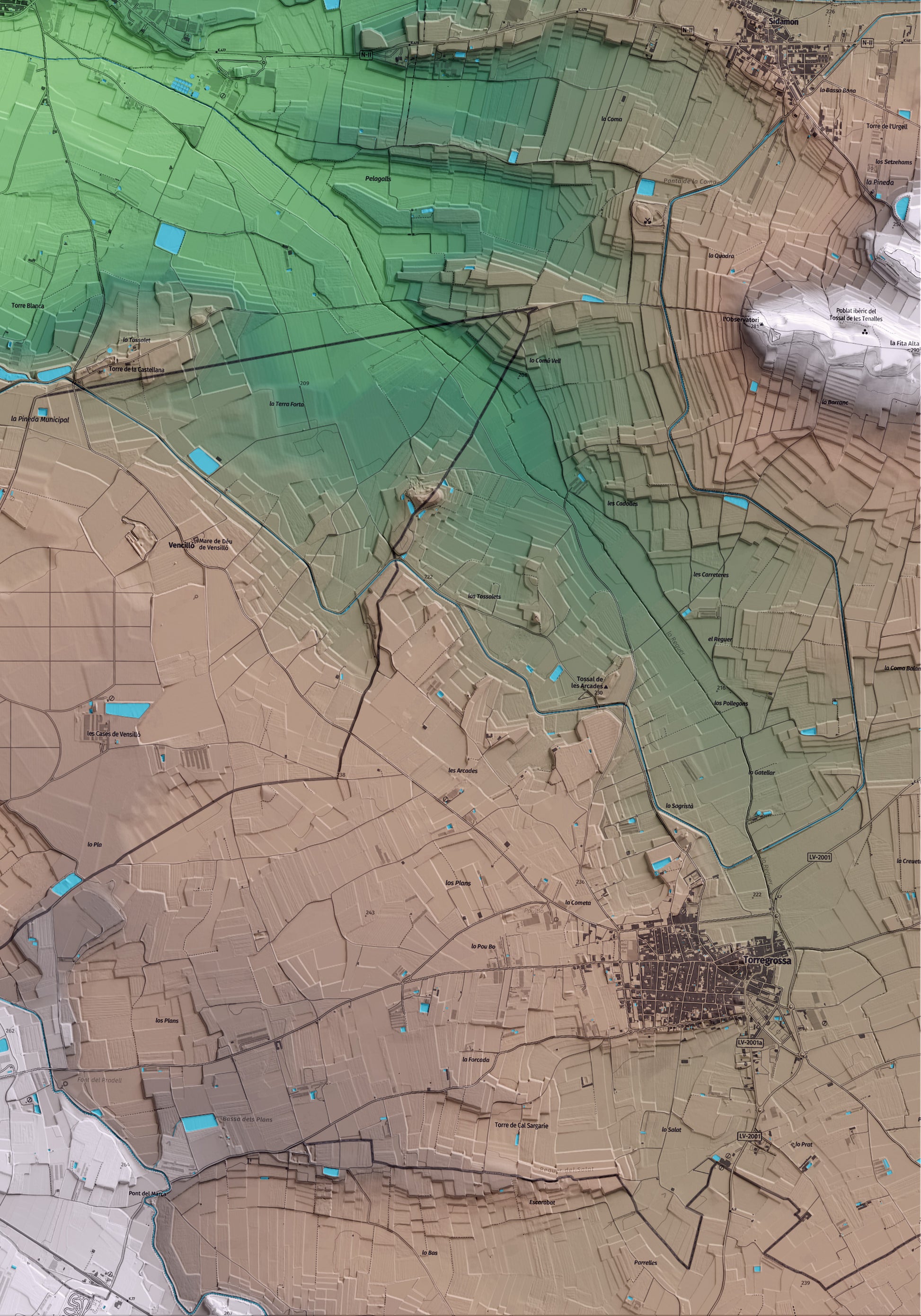 Mapa artístico del relieve de Bell-lloc d'Urgell, en el Pla d'Urgell, con 15 km de entorno y base topográfica ICGC. Detalle de la zona inferior derecha.