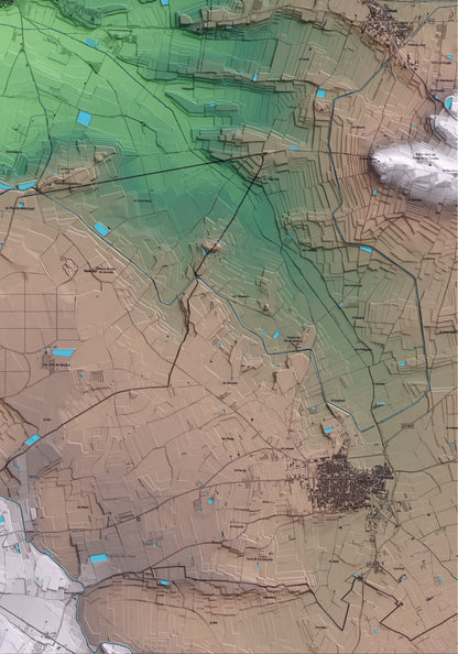 Mapa artístico del relieve de Bell-lloc d'Urgell, en el Pla d'Urgell, con 15 km de entorno y base topográfica ICGC. Detalle de la zona inferior derecha.