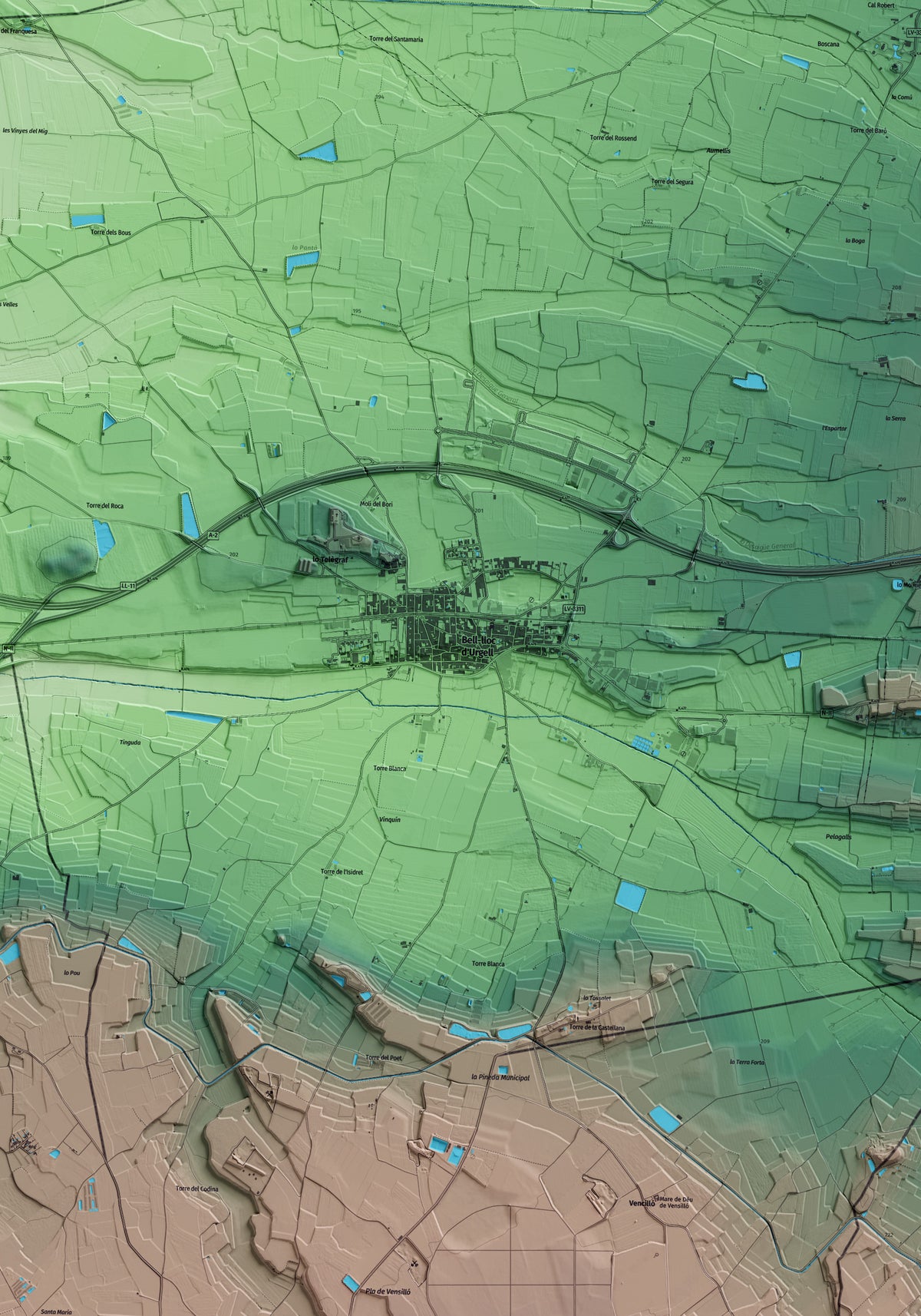 Mapa artístico del relieve de Bell-lloc d'Urgell, en el Pla d'Urgell, con 15 km de entorno y base topográfica ICGC. Detalle de la zona central.