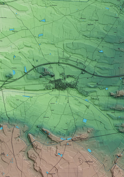 Mapa artístico del relieve de Bell-lloc d'Urgell, en el Pla d'Urgell, con 15 km de entorno y base topográfica ICGC. Detalle de la zona central.