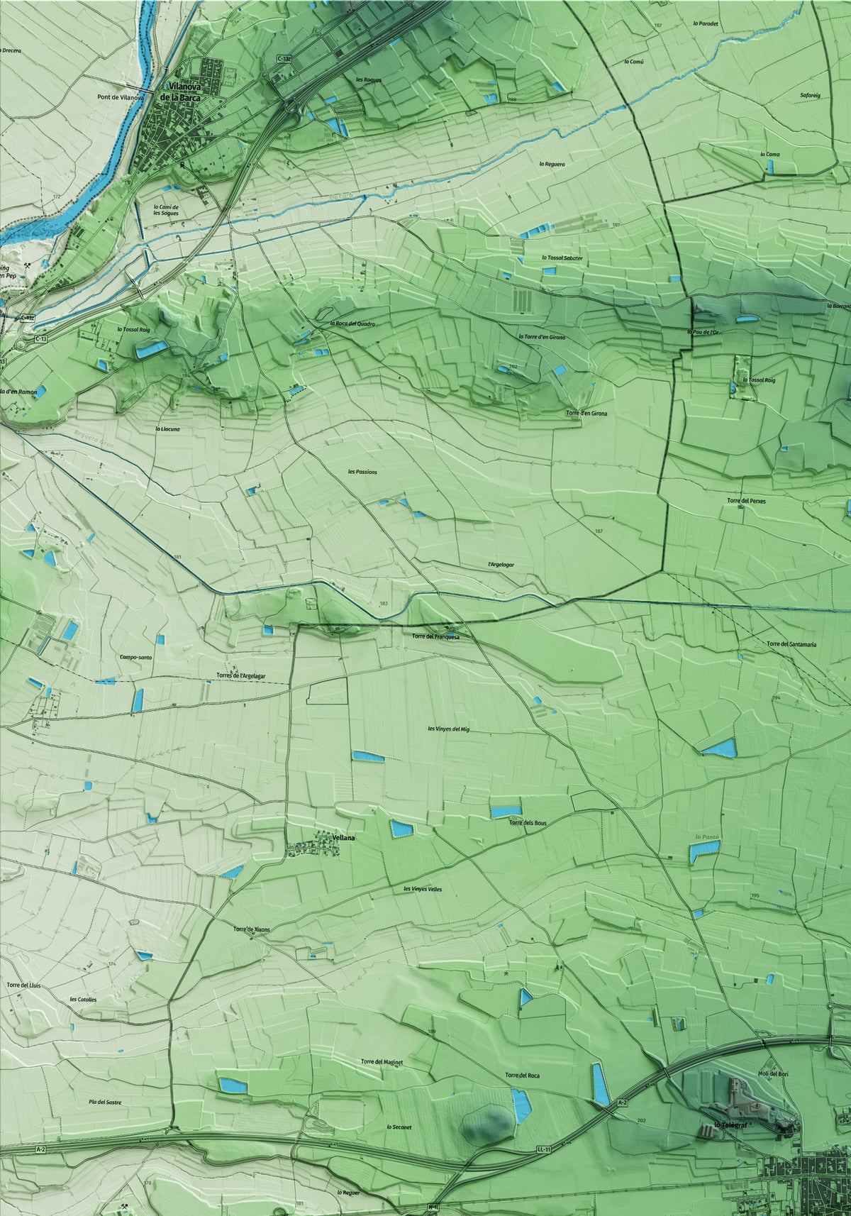 Mapa artístico del relieve de Bell-lloc d'Urgell, en el Pla d'Urgell, con 15 km de entorno y base topográfica ICGC. Detalle de la zona superior izquierda.