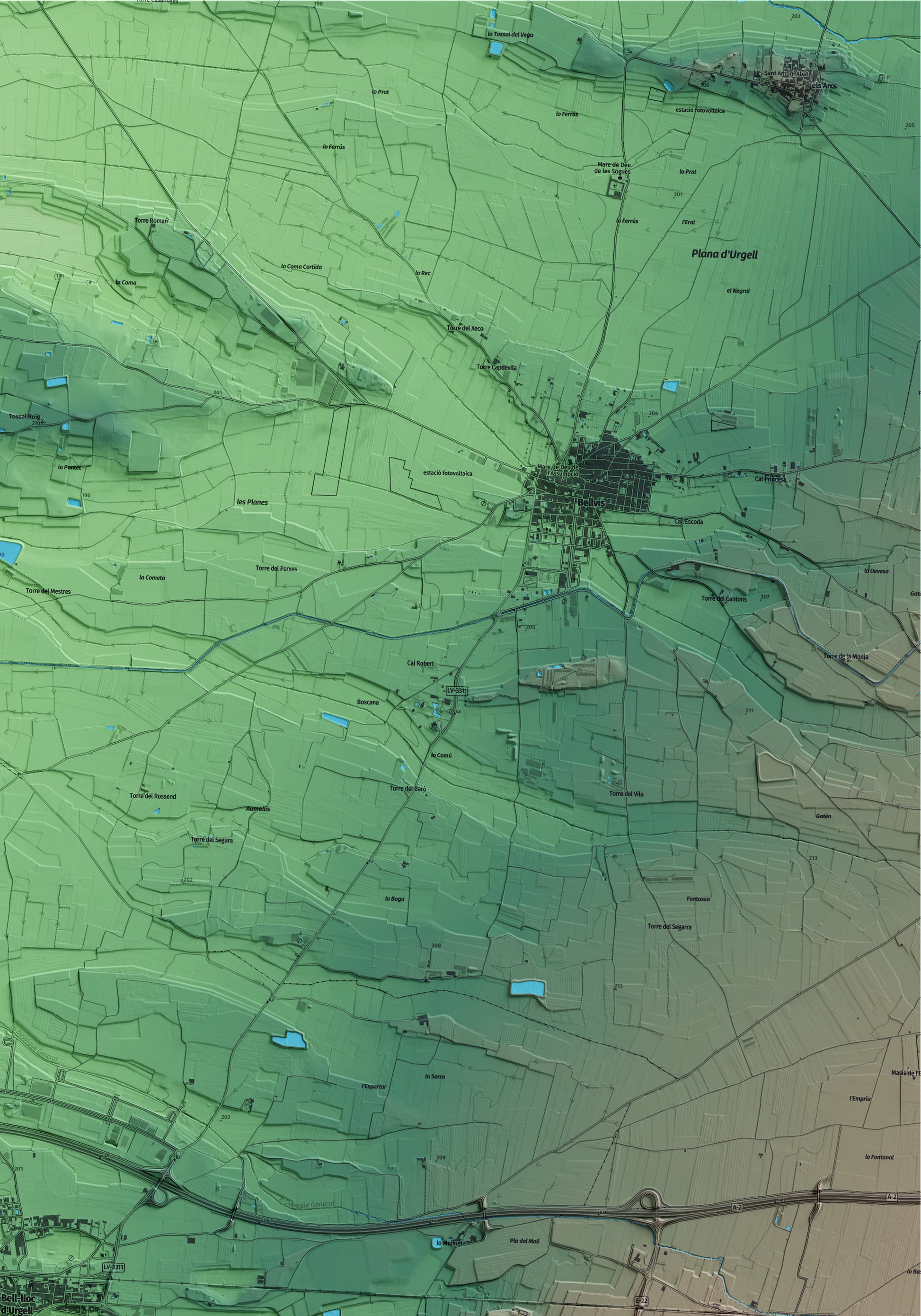 Mapa artístico del relieve de Bell-lloc d'Urgell, en el Pla d'Urgell, con 15 km de entorno y base topográfica ICGC. Detalle de la zona superior derecha.