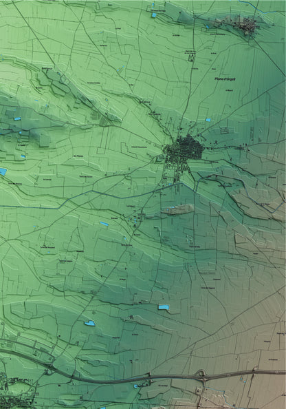 Mapa artístico del relieve de Bell-lloc d'Urgell, en el Pla d'Urgell, con 15 km de entorno y base topográfica ICGC. Detalle de la zona superior derecha.