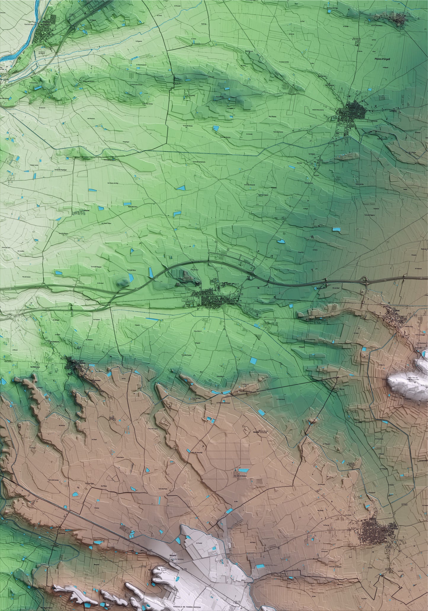 Mapa artístico del relieve de Bell-lloc d'Urgell, en el Pla d'Urgell, con 15 km de entorno y base topográfica ICGC