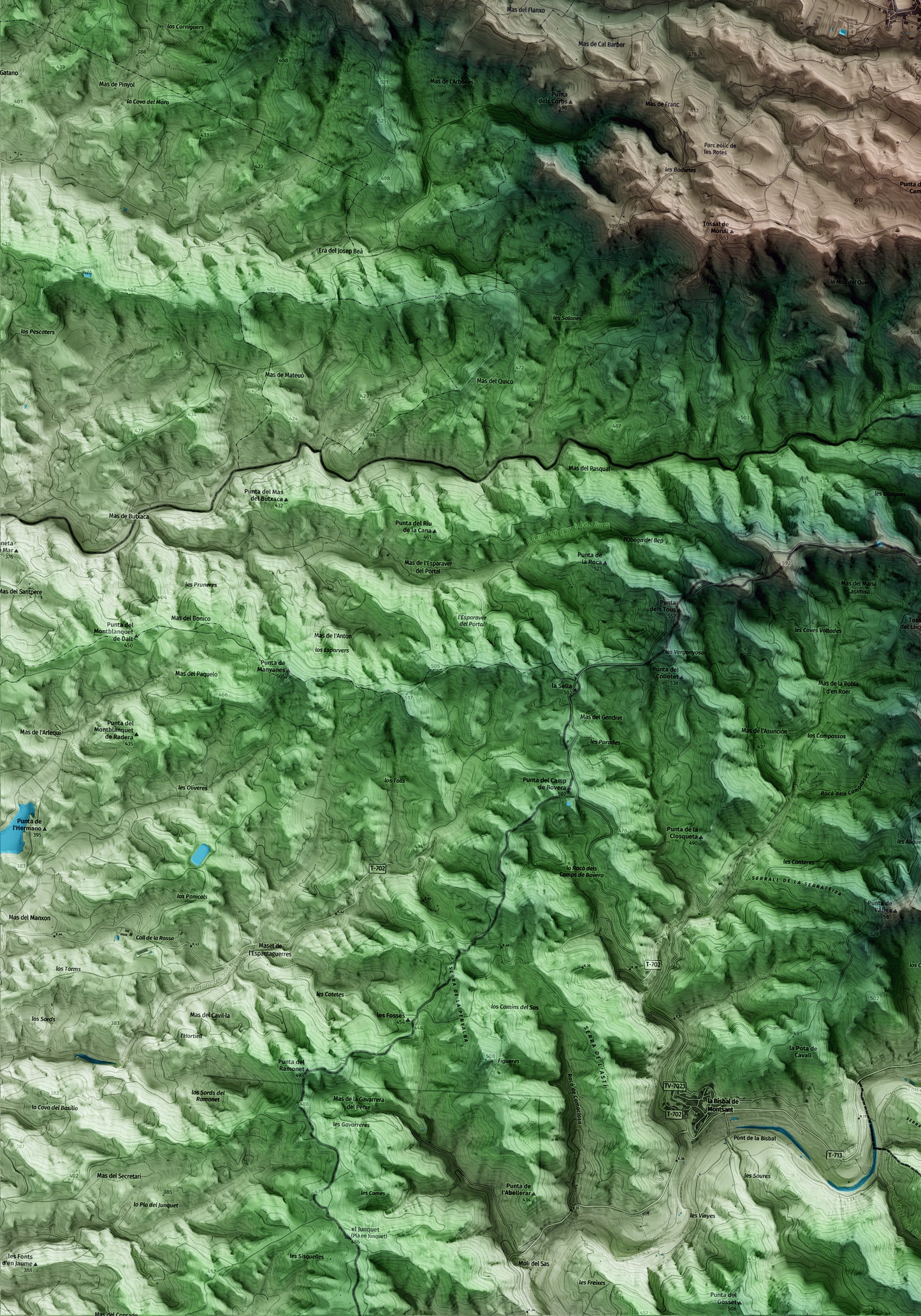 Mapa artístico del relieve de Bellaguarda, a las Garrigues, con 15 km de entorno y base topográfica ICGC. Detalle de la zona inferior izquierda.