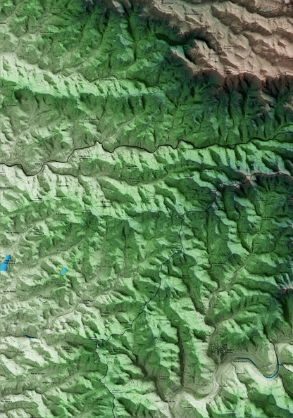 Mapa artístico del relieve de Bellaguarda, a las Garrigues, con 15 km de entorno y base topográfica ICGC. Detalle de la zona inferior izquierda.