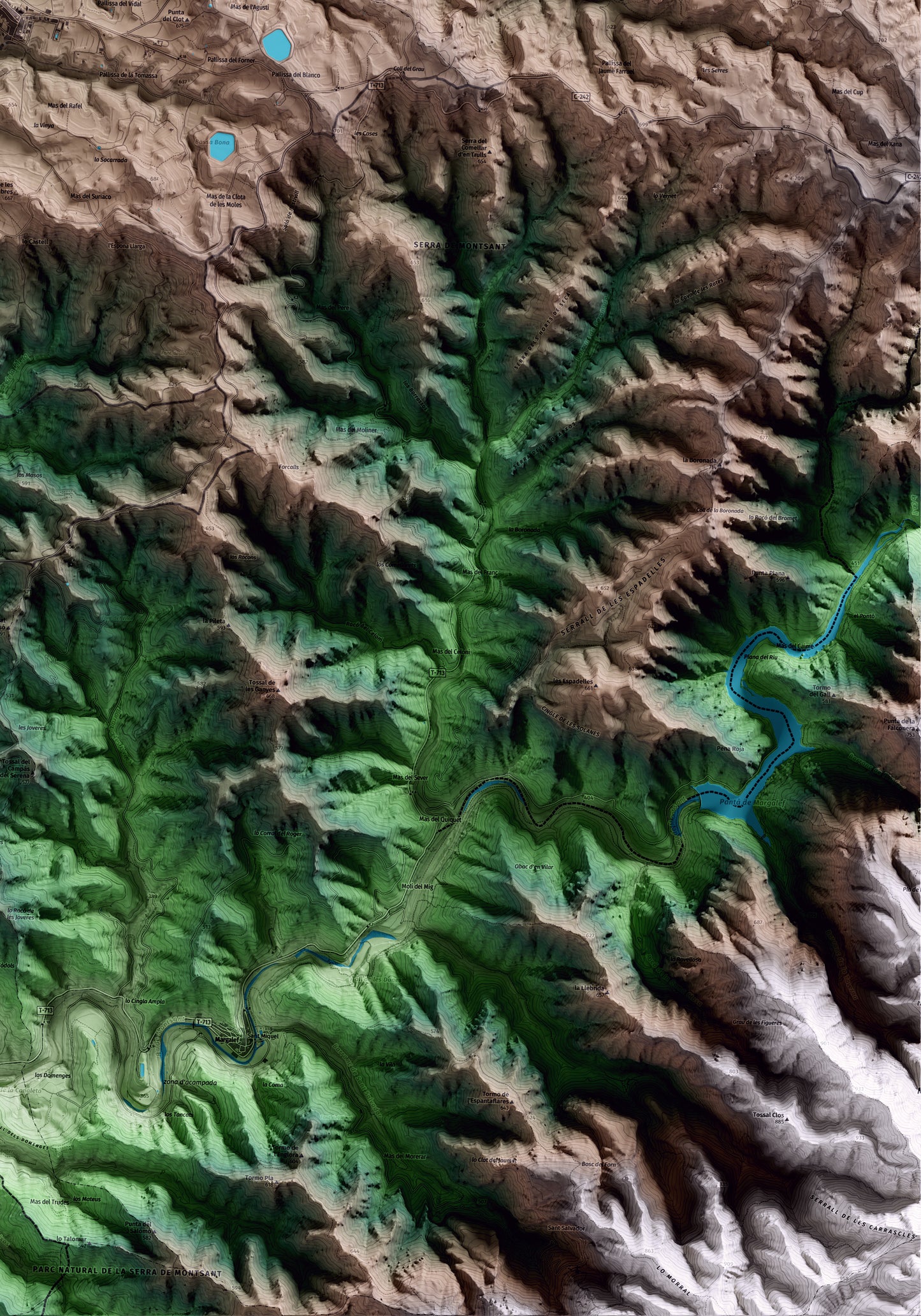 Mapa artístico del relieve de Bellaguarda, a las Garrigues, con 15 km de entorno y base topográfica ICGC. Detalle de la zona inferior derecha.