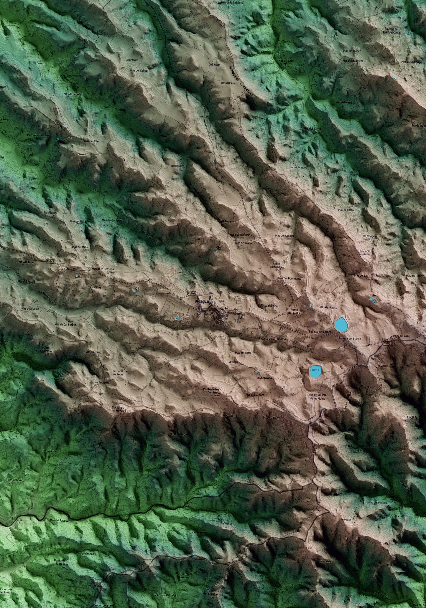 Mapa artístico del relieve de Bellaguarda, a las Garrigues, con 15 km de entorno y base topográfica ICGC. Detalle de la zona central.